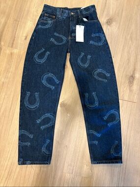 Zara barrel  Dark Blue Horseshoe Print Jeans new Sz 34